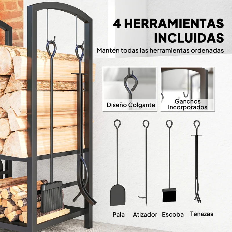 Outsunny Estante de Leña para chimenea Soporte para Leña de 2 Niveles Leñero Exterior e Interior Metálico con 4 Herramientas para Chimenea Carga Máx.100 kg 40x30x74,5 cm Negro