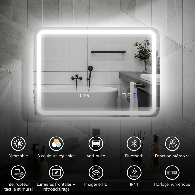 HOMCOM Miroir salle de bain Bluetooth avec éclairage LED 50 x 70 cm, miroir lumineux mural avec horloge, antibuée, argenté