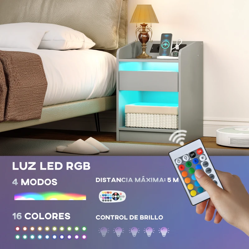HOMCOM Mesita de Noche con Estación de Carga Luz LED RGB Cajón Estante Abierto Puertos USB y Control Remoto 40x40x58 Cm Gris