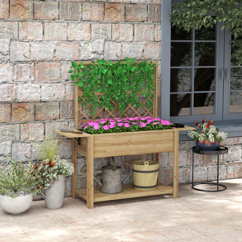 Outsunny Jardinière rectangulaire sur pieds avec treillis 2 tablettes latérales rabattables 1 étagère inférieure bois