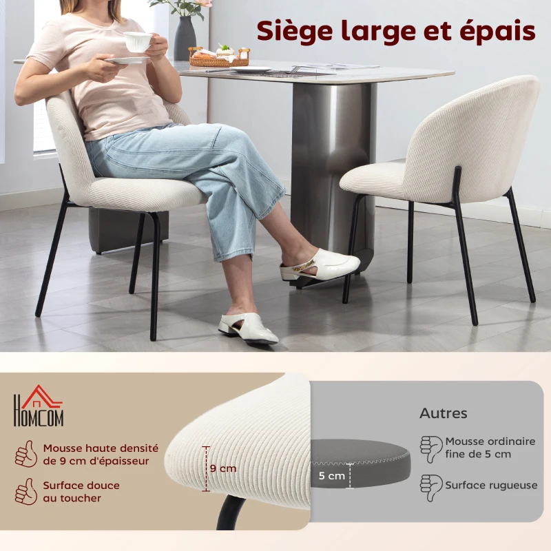 HOMCOM Lot de 2 chaises de salle à manger en velours côtelé, chaises de cuisine avec pieds en acier, 56x58x78cm, crème
