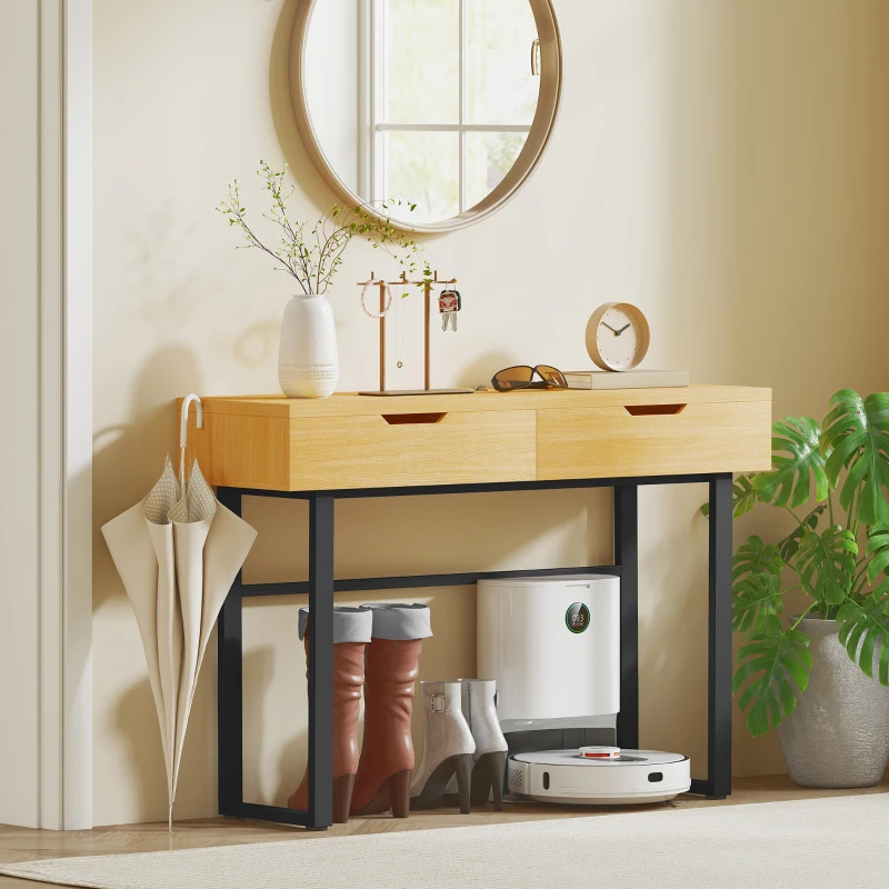 HOMCOM Console meuble 120 cm, table console étroite avec 2 tiroirs, cadre en métal et design sans poignées, bois naturel