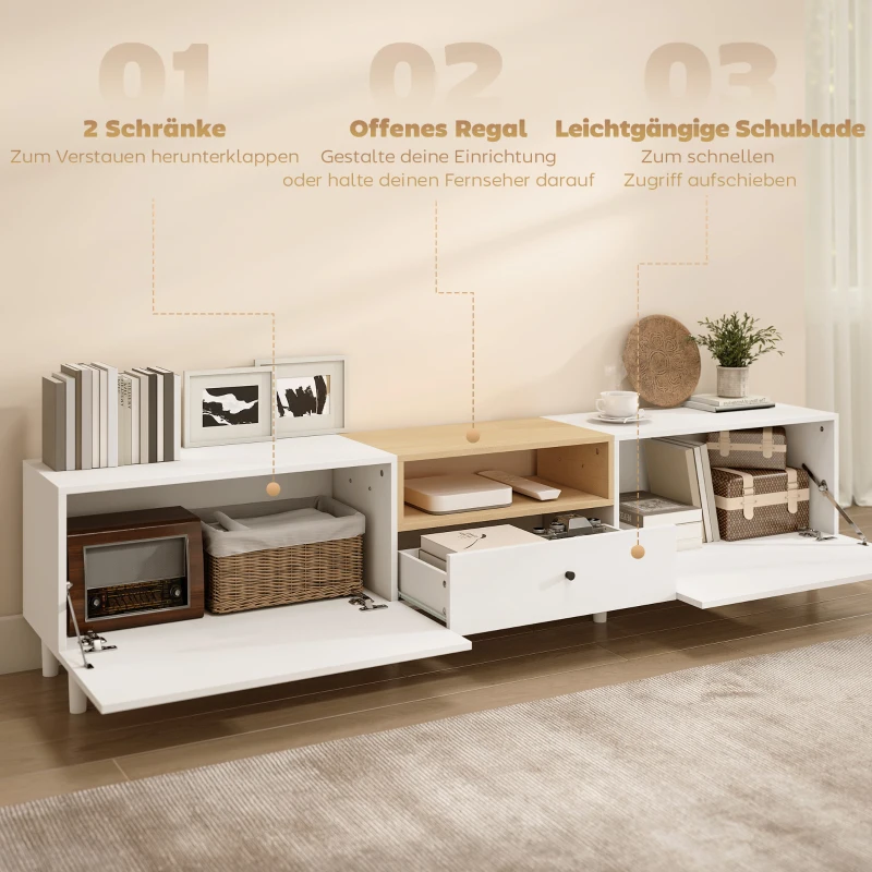 HOMCOM 200 cm TV-Kommode für Fernseher bis zu 90 Zoll, 2 Klappenfächer, offenes Fach, Schublade, 8 Beine, Spanplatte, Weiß