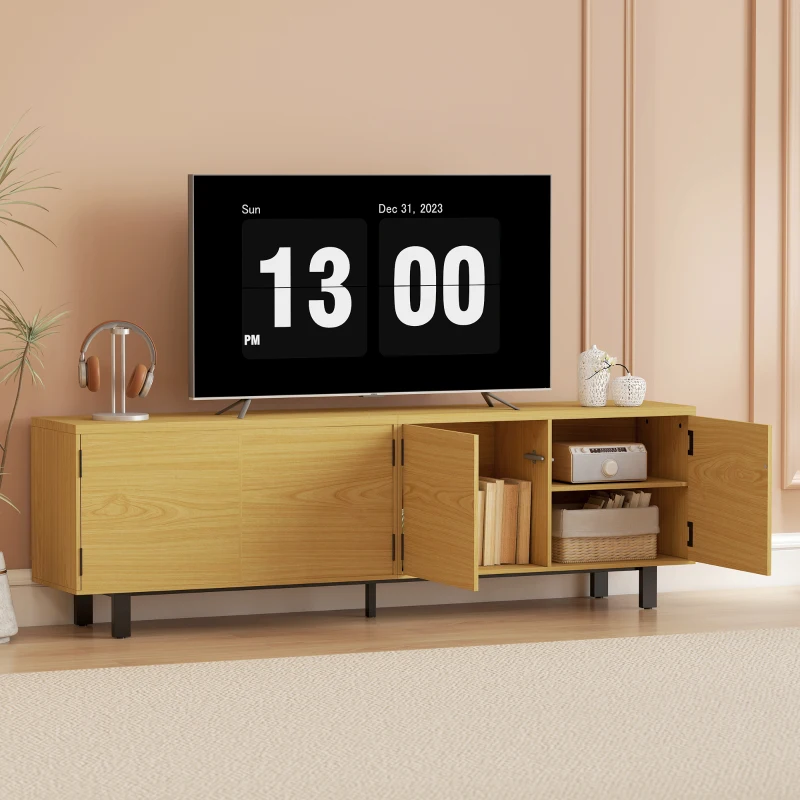 HOMCOM Móvel de TV 180 cm, móvel para TV até 208,3 cm com 4 portas de abertura por pressão 180x35x55,5cm efeito madeira natural