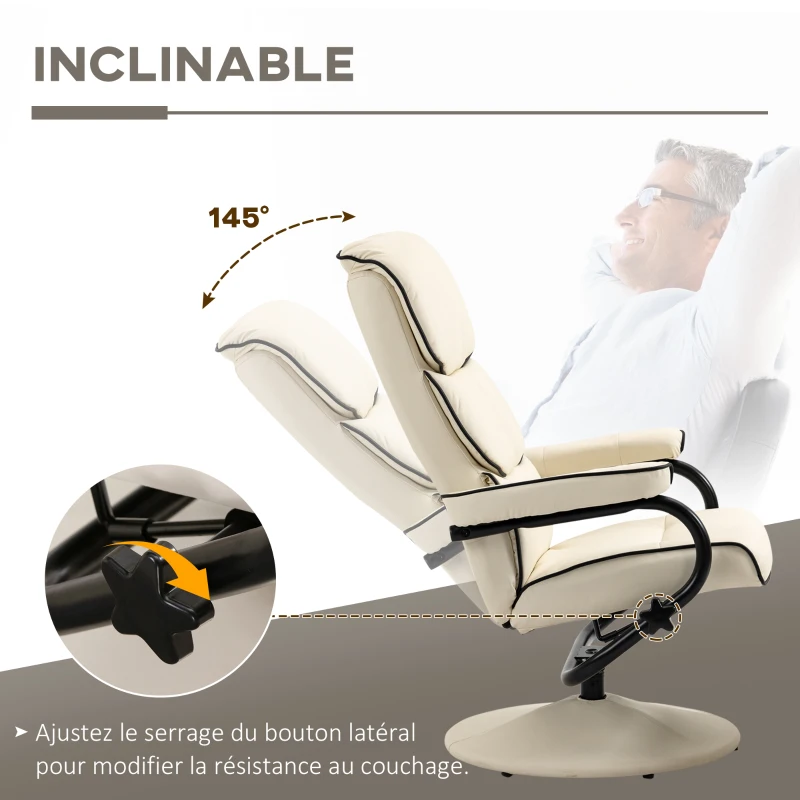 HOMCOM Fauteuil relax avec pouf, fauteuil TV avec dossier inclinable, pivotant à 360° assise rembourrée confortable, crème