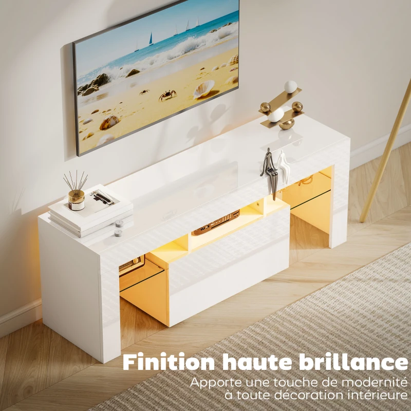 HOMCOM Meuble TV, meuble télé avec éclairage LED RGB, haute brillance, étagères en verre trempé, 120x34x45cm, blanc