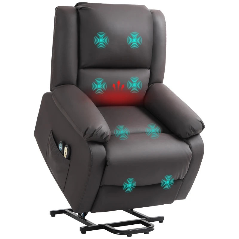 HOMCOM Poltrona Relax Alzapersona Reclinabile a 155° con 8 Punti Massaggio e Riscaldamento, Marrone