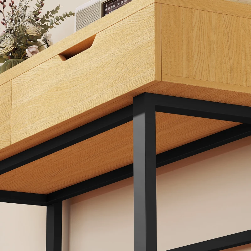 HOMCOM Console meuble 120 cm, table console étroite avec 2 tiroirs, cadre en métal et design sans poignées, bois naturel