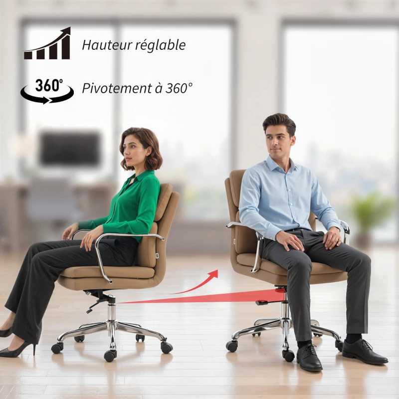 HOMCOM Chaise de bureau, fauteuil de bureau ergonomique, hauteur réglable, dossier haut, pivotant à 360°, 61x67,5x100cm marron