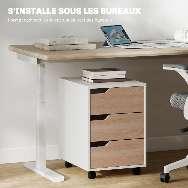 HOMCOM Caisson bureau mobile, meuble rangement bureau sur roulettes, 3 tiroirs, 40x50x57,5cm, blanc et chêne