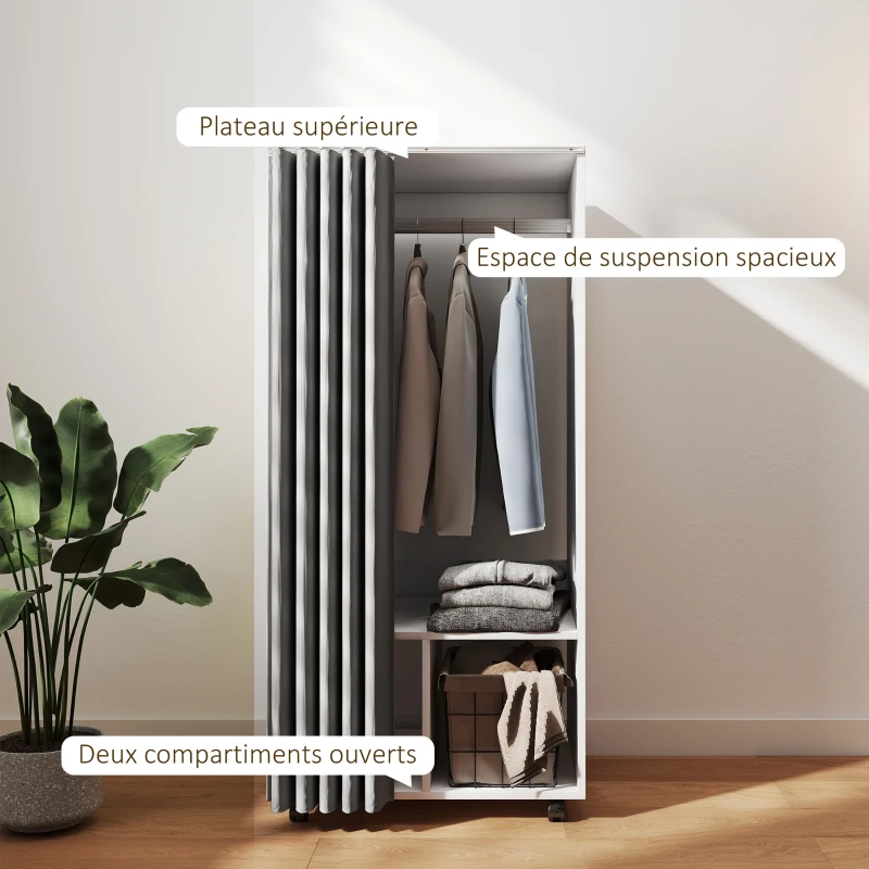 HOMCOM Armoire penderie armoire de rangement mobile avec rideau, tringle de suspension, 60 x 40 x 128 cm, blanc
