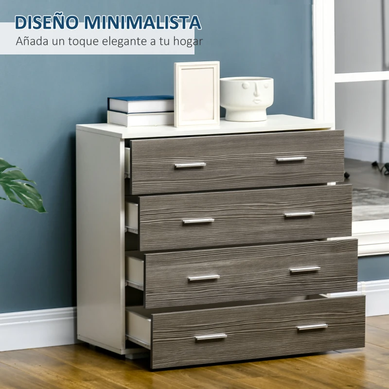 HOMCOM Cómoda con 4 Cajones Moderna Cajonera para Salón para Dormitorio Pasillo 76x35x72 cm Gris y Blanco