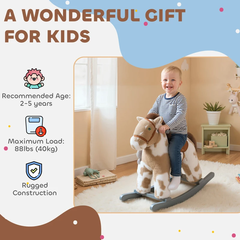 AIYAPLAY Baby Rocking Horse, Plush Animal Rocker with Realistic Sound and Toy, Rocking Toy Chair for Kids Aged 2-5, Brown