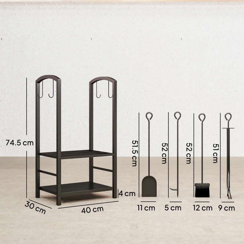 Outsunny Portalegna da Interno ed Esterno Rialzato a 2 Ripiani, Porta Legna da Ardere in Metallo con Paletta, Scopa, Attizzatoio e Pinza, Capacità 100 kg, 40x30x74.5 cm, Nero