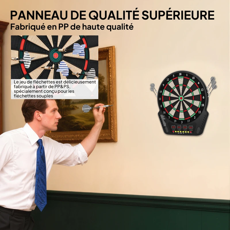 HOMCOM Cible Jeu de flechettes électronique Professionnel 27 jeux 243 variations - Fléchettes pour 1 à 16 joueurs, 6 fléchettes et 24 pointes souples, convient pour les fêtes et les soirées de jeu