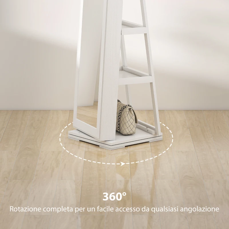 HOMCOM Specchio Portagioie Girevole per Camera da Letto con 2 Chiavi, in Legno Bianco e Vetro, 38x38x160 cm