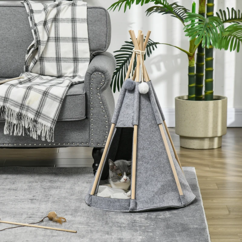PawHut Tente tipi pour animaux teepee chat ou chien coussin épais 2 pompons inclus structure bois de pin feutrine peluche gris
