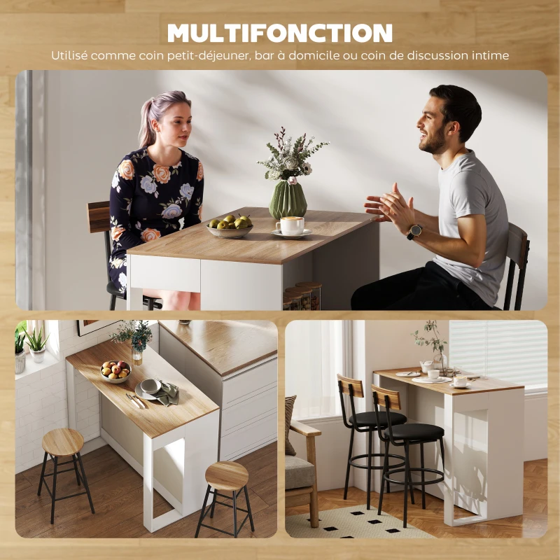 HOMCOM Table de bar, table haute cuisine à 3 niveaux 2 compartiments ouverts, plateau effet bois naturel 113 x 60 x 90 cm blanc
