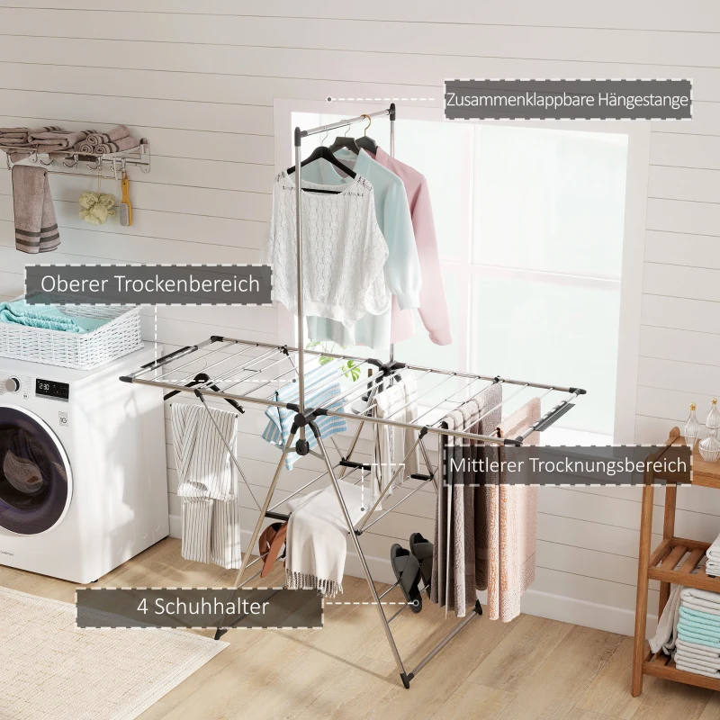 HOMCOM Wäscheständer faltbar Standtrockner mit verstellbare Flügel, Schuhhaltern, Edelstahl, 156,5 x 68 x 192 cm, Silber