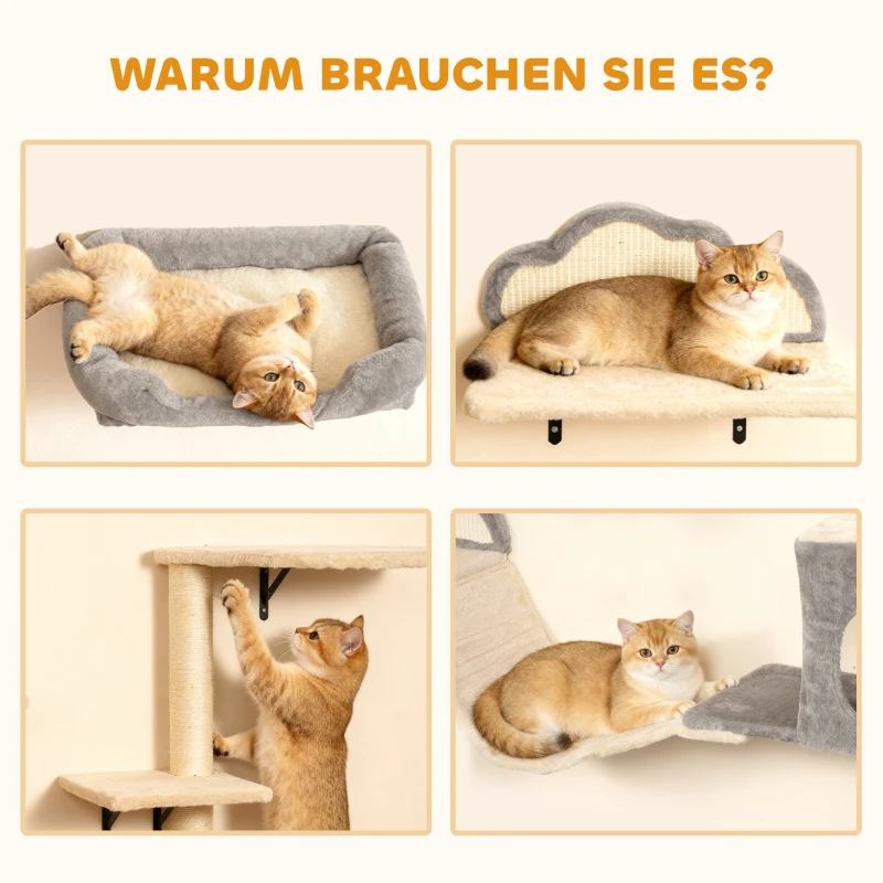 PawHut Wandmontiertes Kratzbaum-Set, Sisalkratzflächen, 4 Teile, für 1-3 Katzen, Beige