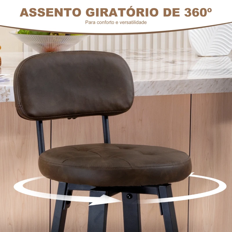 HOMCOM Conjunto de 2 Bancos de Bar Bancos Altos de Cozinha Giratórios Estofados em PU com Apoio para os Pés 35,5x43,5x98 cm Castanho Escuro