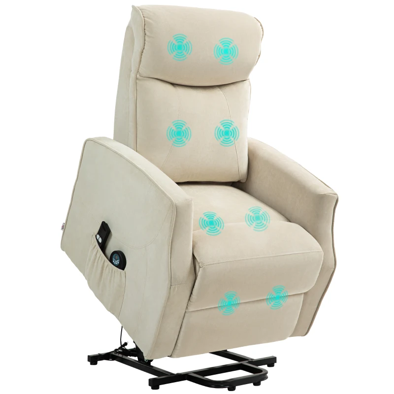 HOMCOM Poltrona Relax Alzapersona con 8 Punti Massaggio, Reclinazione a 135° e 2 Telecomandi, Crema