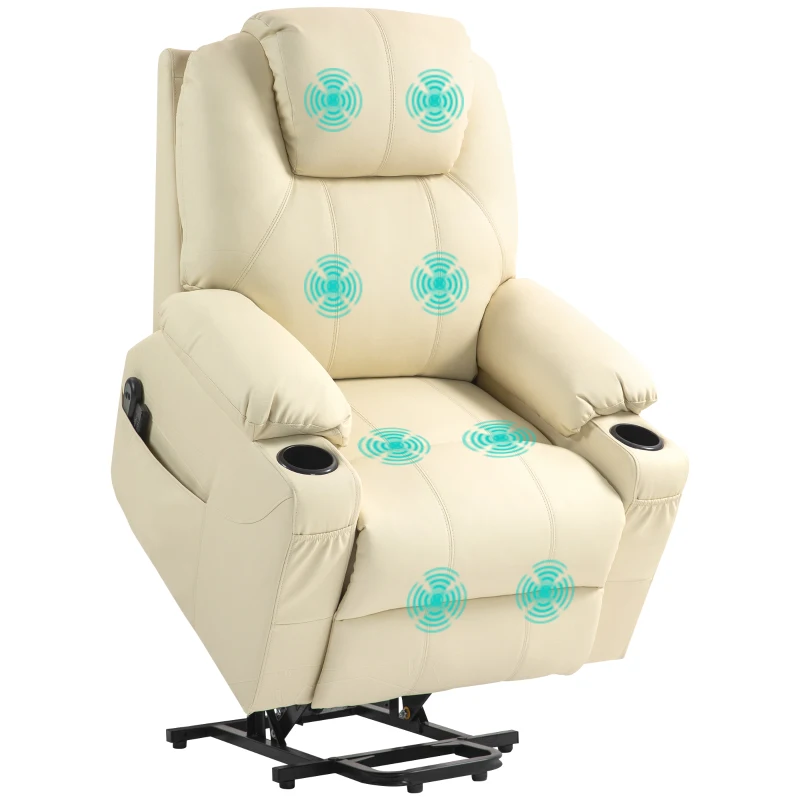 HOMCOM Poltrona Alzapersona Reclinabile fino a 135° con 8 Punti Massaggio, Telecomando e Poggiapiedi, 88x92x106 cm, Crema