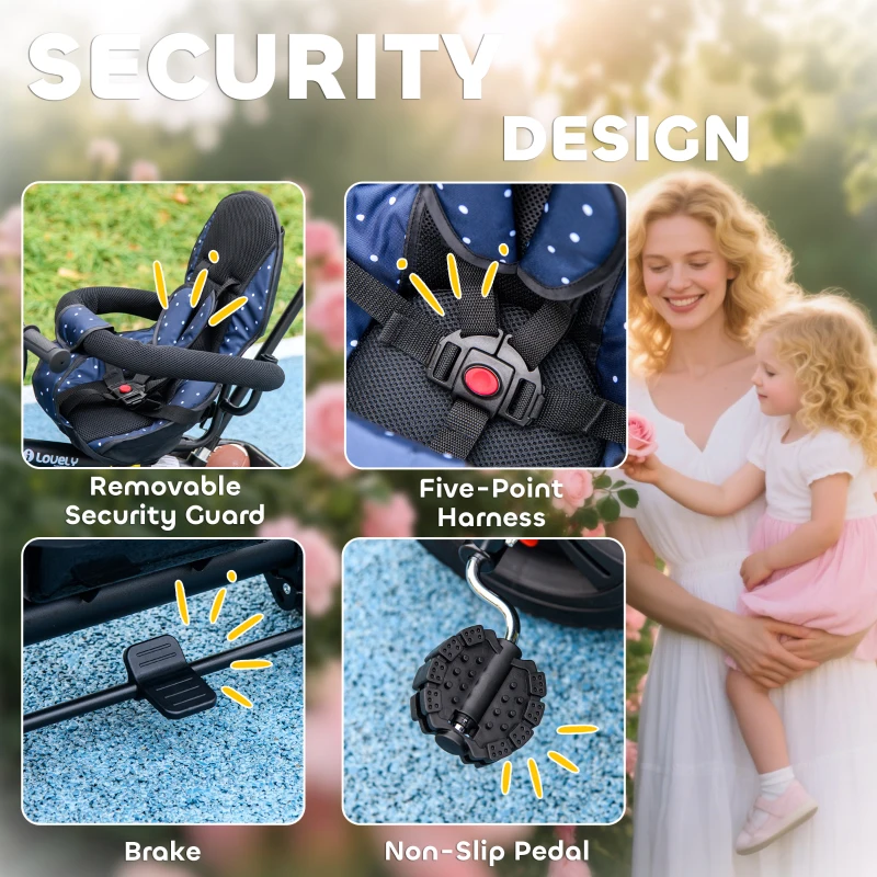 HOMCOM 6 in 1 Tricycle for Kids with 5-point harness straps, Removable Canopy, Dark Blue