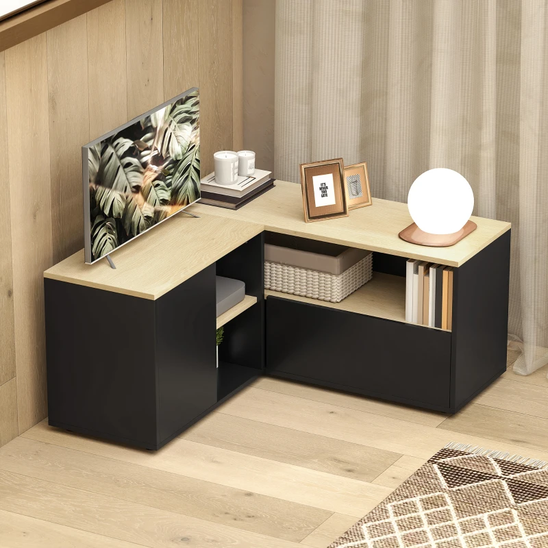 HOMCOM Meuble TV d'angle banc télévision jusqu'à 40 pouces avec 2 placards et 3 niches 90 x 90 x 45 cm chêne et noir