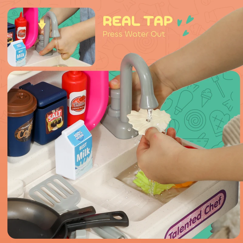 AIYAPLAY Pretend Play Kitchen Set with Realistic Lights & Sounds, 104PCS Toy Kitchen Accessories for Boys and Girls, Pink