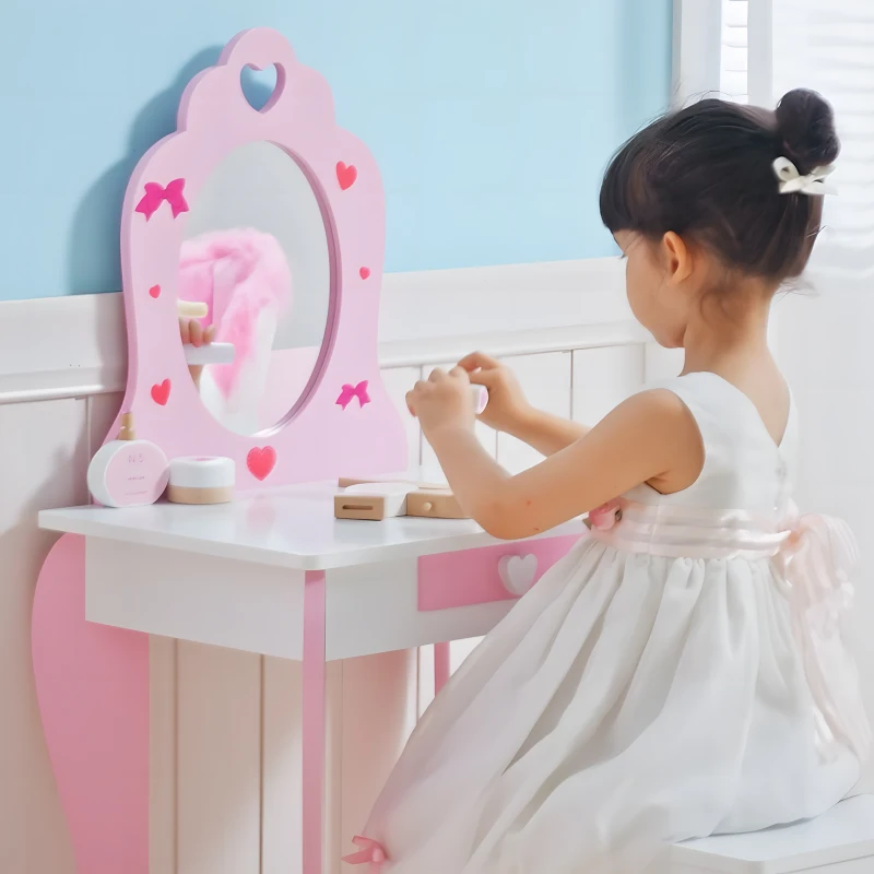 ZONEKIZ Kids Dressing table Set w/ Mirror, Stool, Drawer, Cute Patterns, for Ages 3-6 Years - Pink