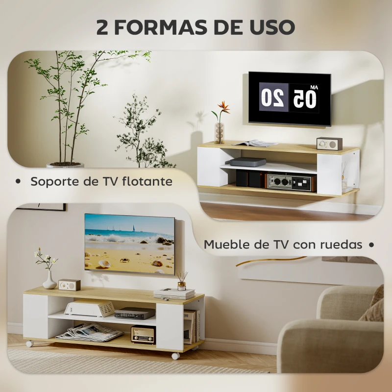 HOMCOM Mueble de TV Flotante y Ruedas con 2 Estantes para Televisores de hasta 55 Pulgadas 120x40x38,5 cm Blanco