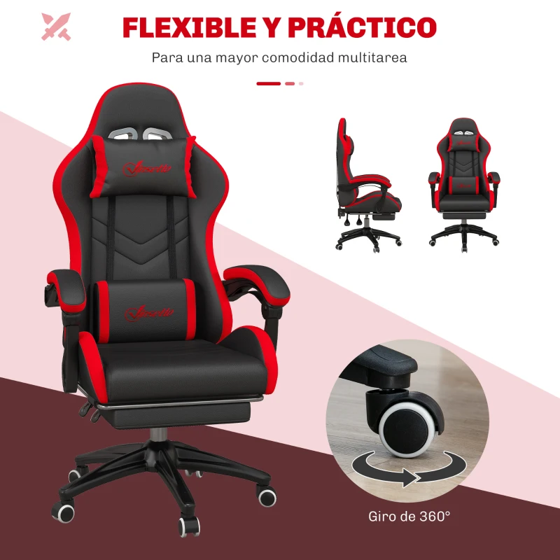 Vinsetto Silla Gaming de Cuero Sintético Reclinable 135° Reposacabezas y Reposapiés 65x65x121-129cm Negro y Rojo