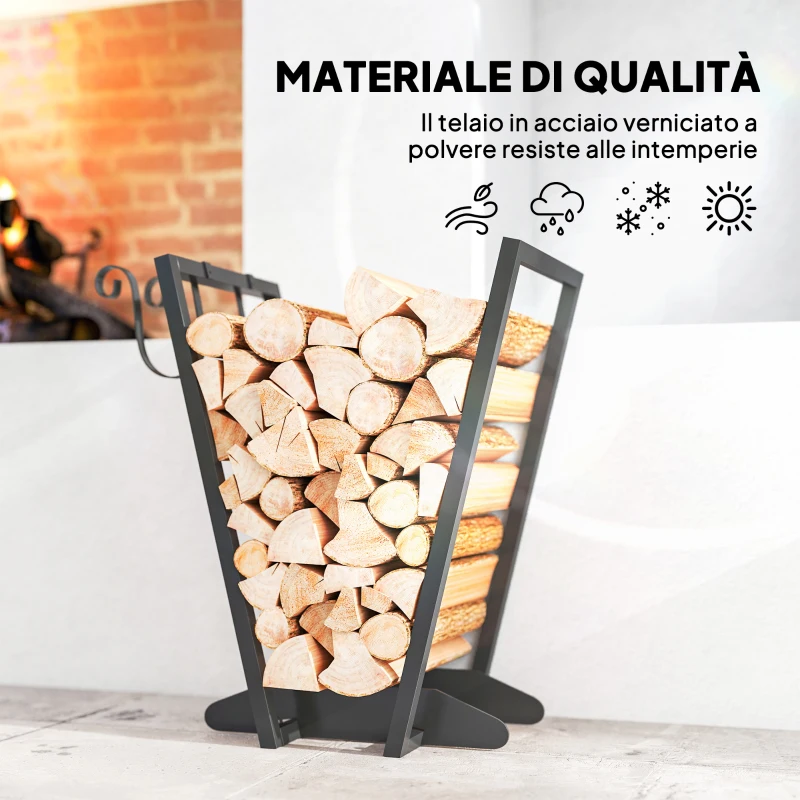Outsunny Scaffale Portalegna con Ganci da Esterno e Interno in Acciaio, 45x32x58cm, Nero