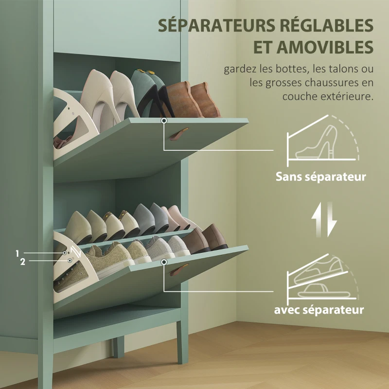 HOMCOM Meuble à chaussures 21 paires, armoire à chaussures avec 3 tiroirs rabattables, étagères amovibles et réglables, vert