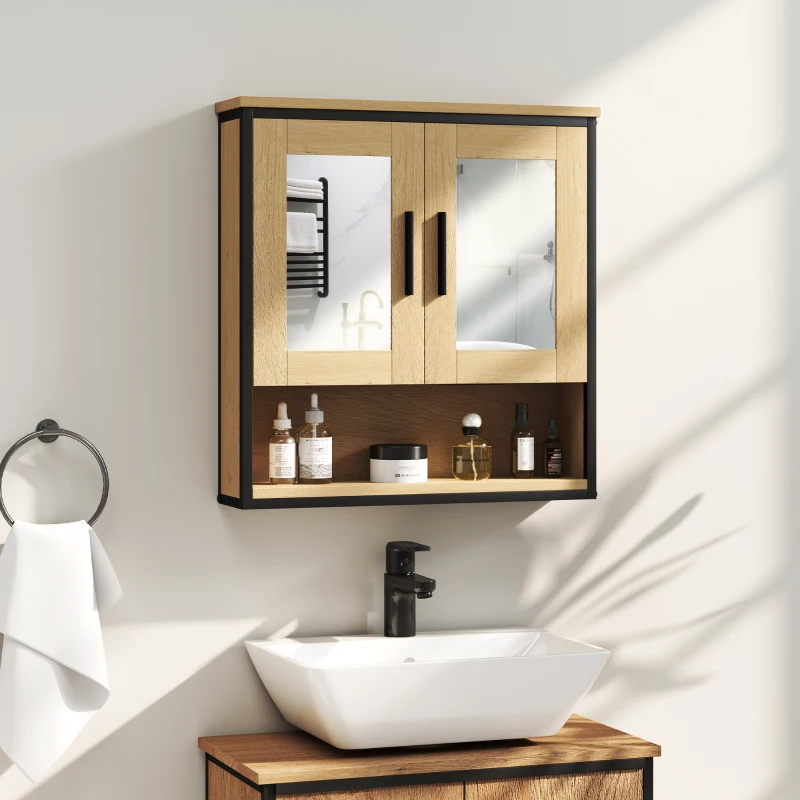 HOMCOM Armoire murale salle de bain avec miroir, meuble salle de bain avec compartiment ouvert et étagère réglable, chêne