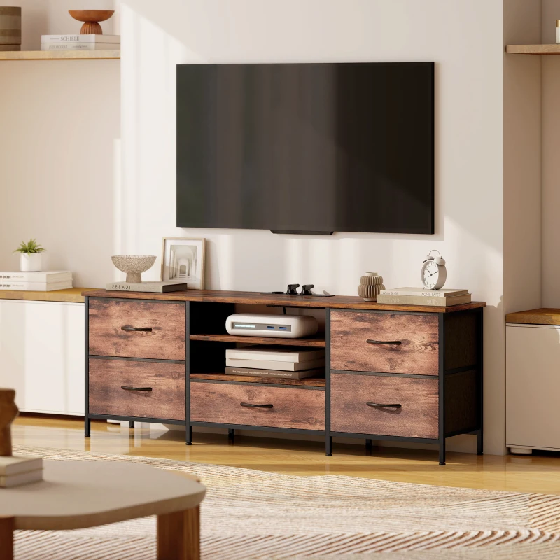 HOMCOM Meuble TV 140 cm, meuble télé 65 pouces, station de charge, 5 tiroirs en tissu, étagères ouvertes, 140x30x50cm, marron