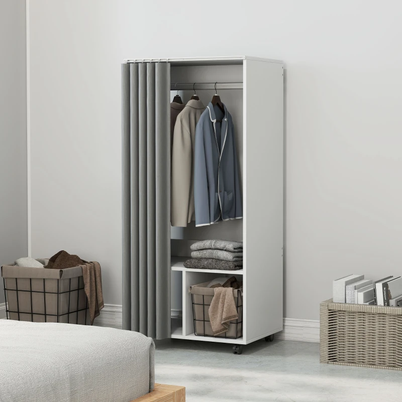 HOMCOM Armoire penderie armoire de rangement mobile avec rideau, tringle de suspension, 60 x 40 x 128 cm, blanc