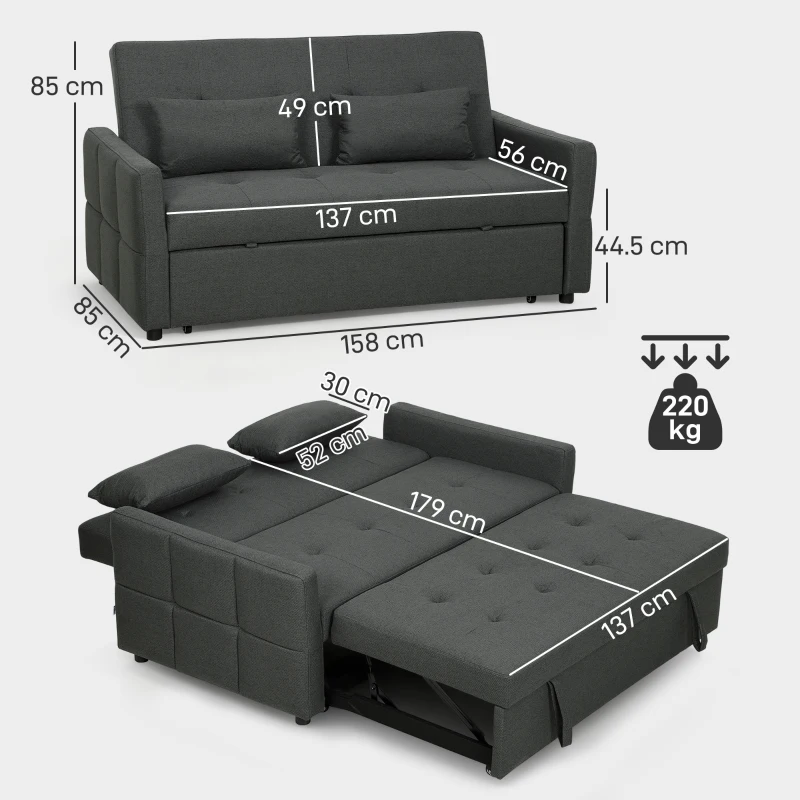 HOMCOM Three-Way Two-Seater Sofa Bed - Charcoal Grey