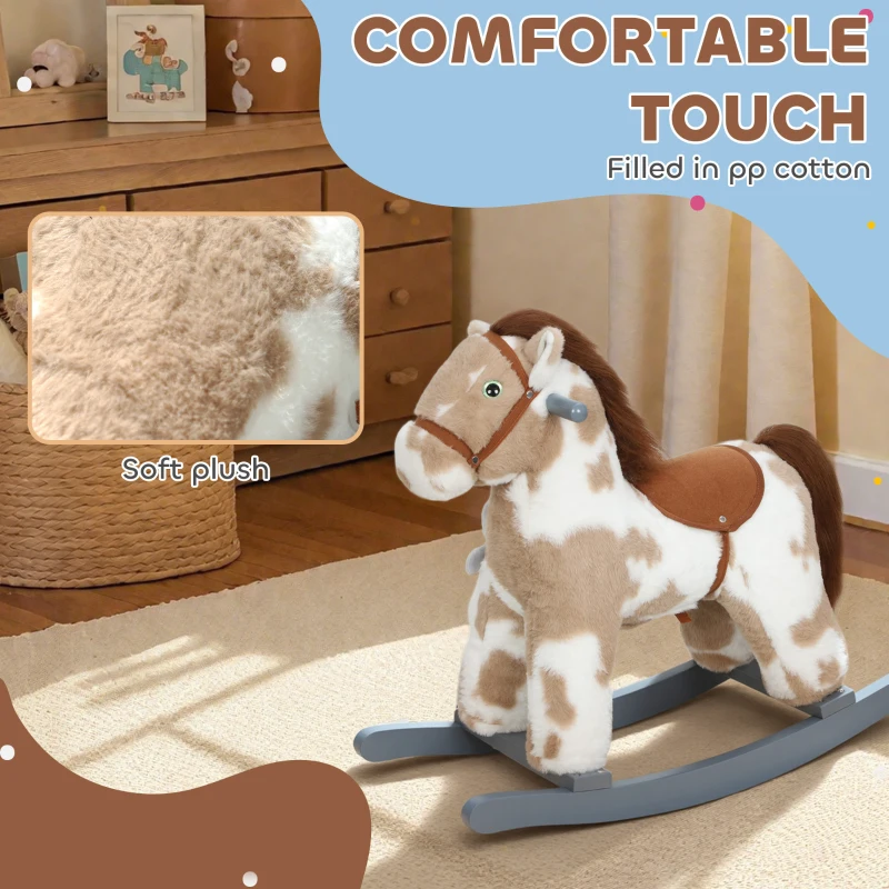 AIYAPLAY Baby Rocking Horse, Plush Animal Rocker with Realistic Sound and Toy, Rocking Toy Chair for Kids Aged 2-5, Brown