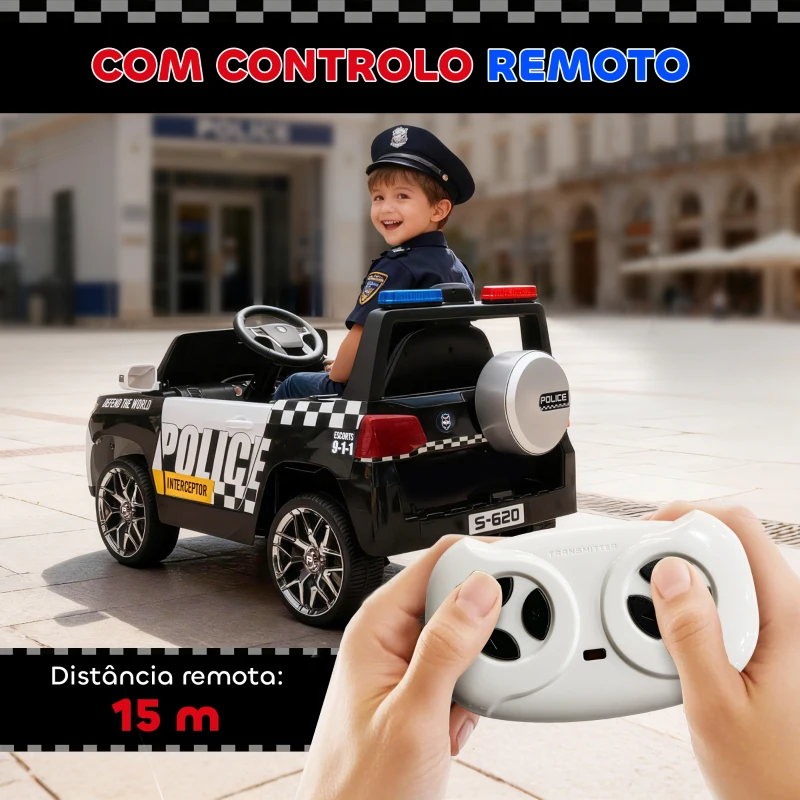 AIYAPLAY Carro Elétrico para Crianças de Polícia 12V com Motor Duplo Suspensão em 4 Rodas Sirene Faróis LED Porta USB Bluetooth e Música Branco