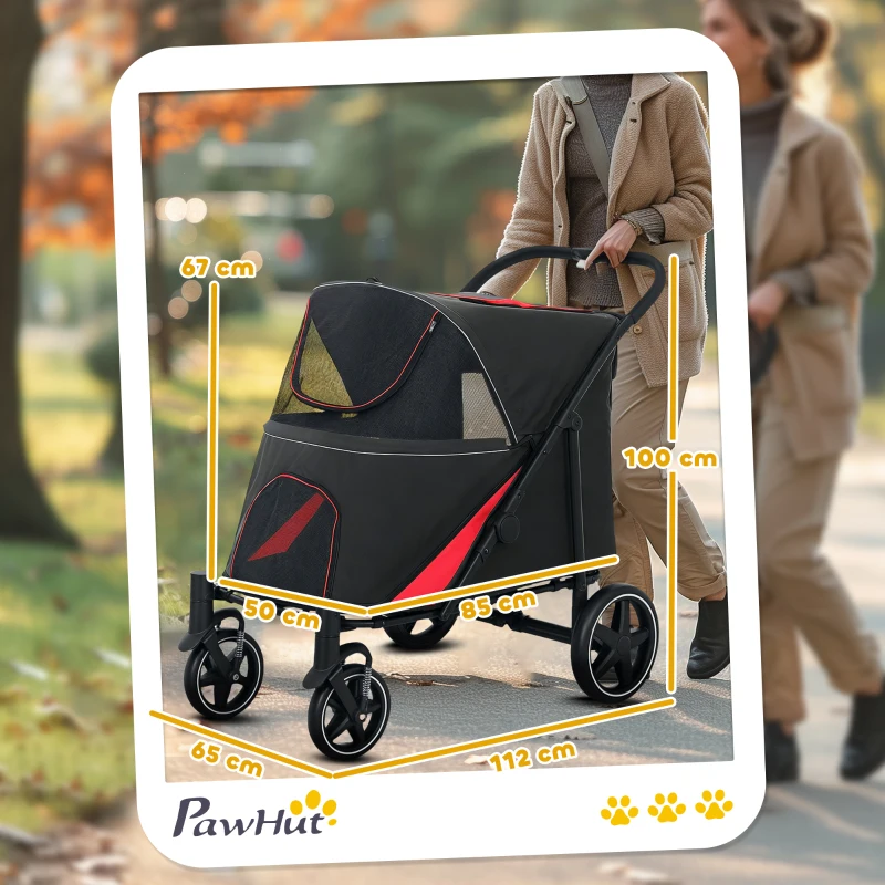PawHut Passeggino per Cani Pieghevole con Ingressi a Cerniera e Finestre a Rete, 112x65x100 cm, Rosso e Nero