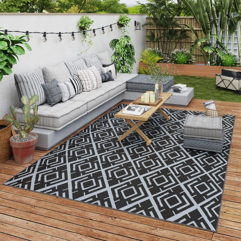 Outsunny Tapis d'extérieur réversible 1,8 x 2,7 m, en PP résistant aux intempéries, sac de transport inclus, noir et gris