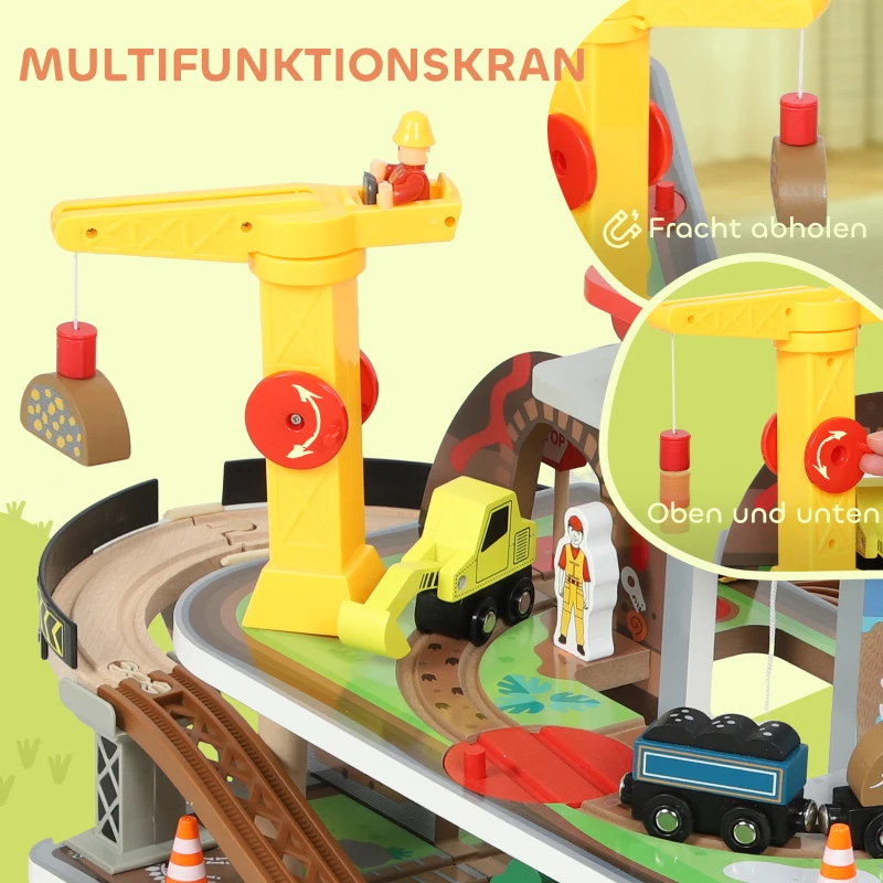 AIYAPLAY Eisenbahnset aus Holz, 79 Teile, 4 Ebenen, Aufzug, Kran, erweiterbar, Bunt