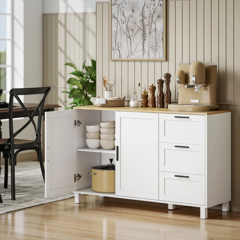 HOMCOM Buffet salon, meuble de rangement, double porte à fermeture amortie, 3 tiroirs et étagère réglable, 120x38x76cm, blanc