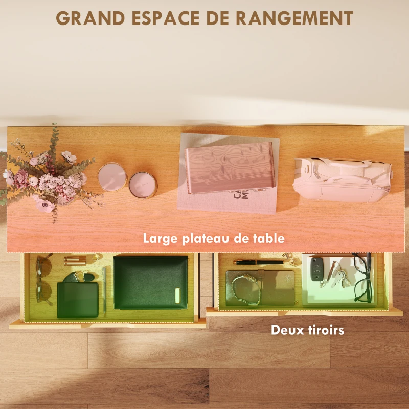 HOMCOM Console meuble 120 cm, table console étroite avec 2 tiroirs, cadre en métal et design sans poignées, bois naturel