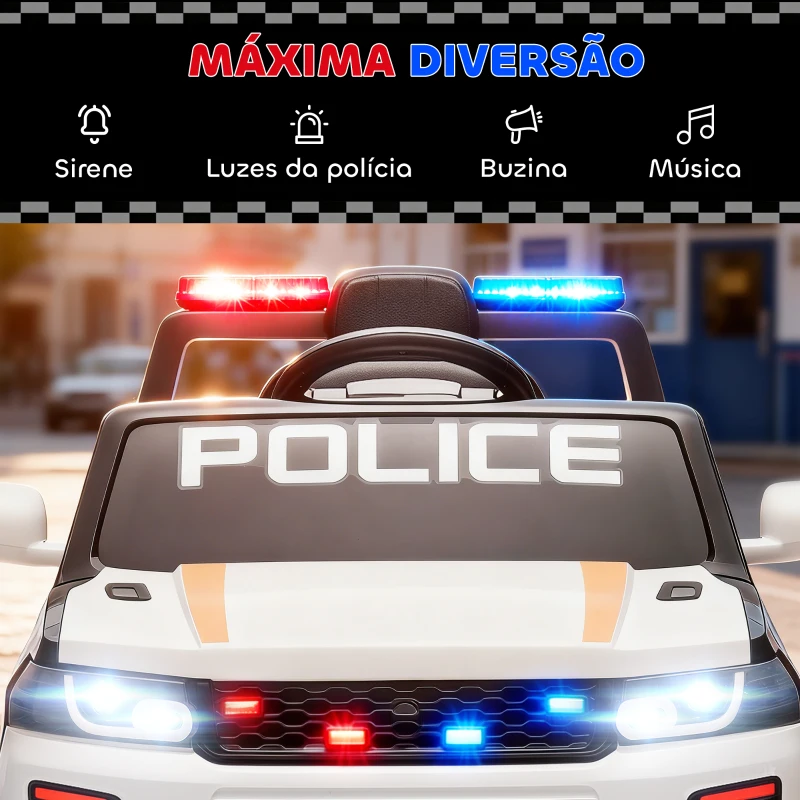 AIYAPLAY Carro Elétrico para Crianças de Polícia 12V com Motor Duplo Suspensão em 4 Rodas Sirene Faróis LED Porta USB Bluetooth e Música Branco