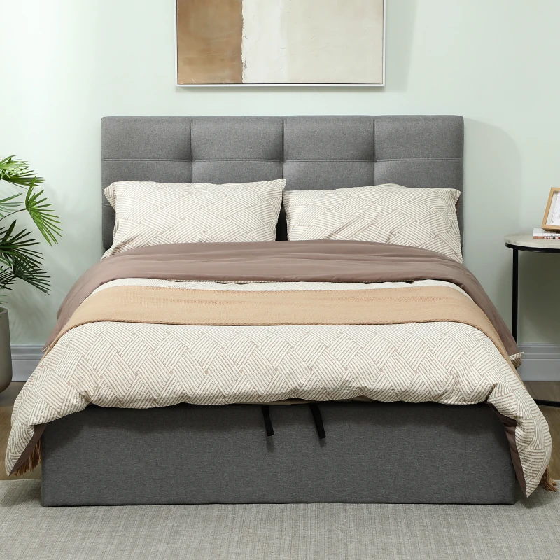 HOMCOM Lit coffre 140x190, cadre de lit double rembourré avec sommier à lattes en bois et rangement cach, sans matelas, gris
