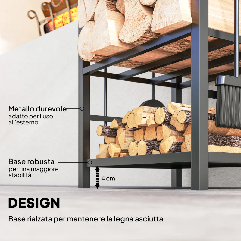 Outsunny Portalegna da Interno ed Esterno Rialzato a 2 Ripiani, Porta Legna da Ardere in Metallo con Paletta, Scopa, Attizzatoio e Pinza, Capacità 100 kg, 40x30x74.5 cm, Nero