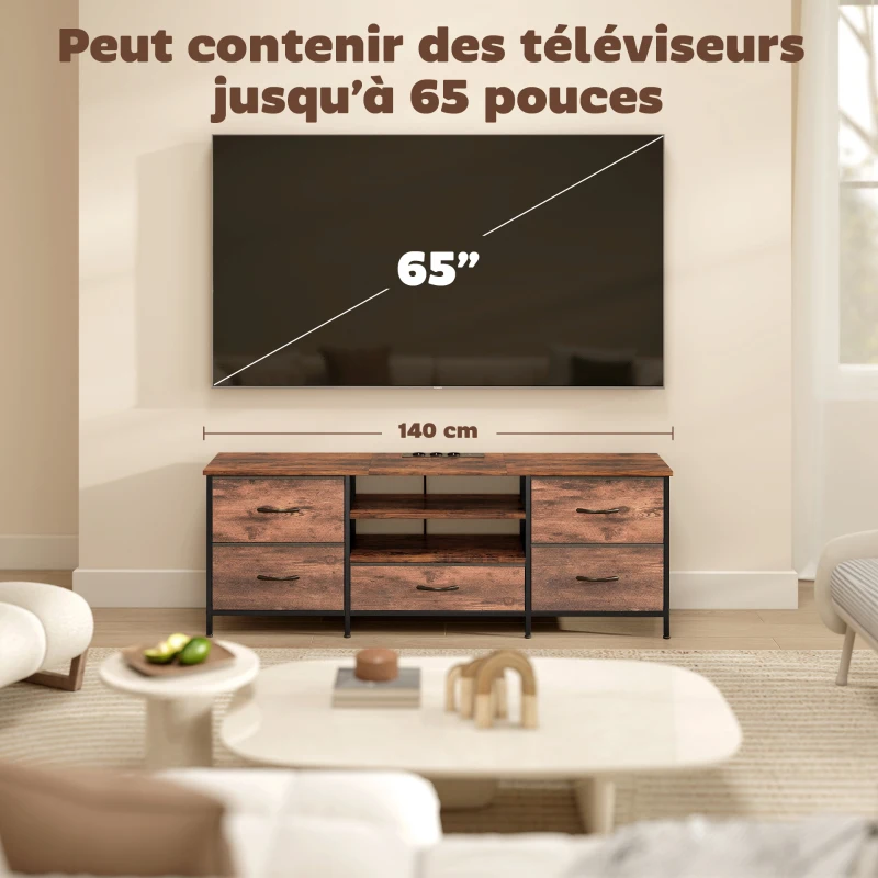 HOMCOM Meuble TV 140 cm, meuble télé 65 pouces, station de charge, 5 tiroirs en tissu, étagères ouvertes, 140x30x50cm, marron